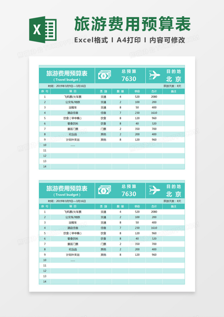 旅游费用预算表旅游项目安排表Excel模板