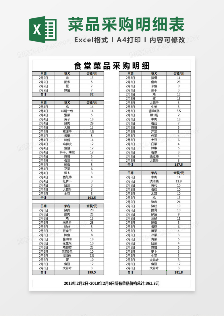 食堂菜品明细表格