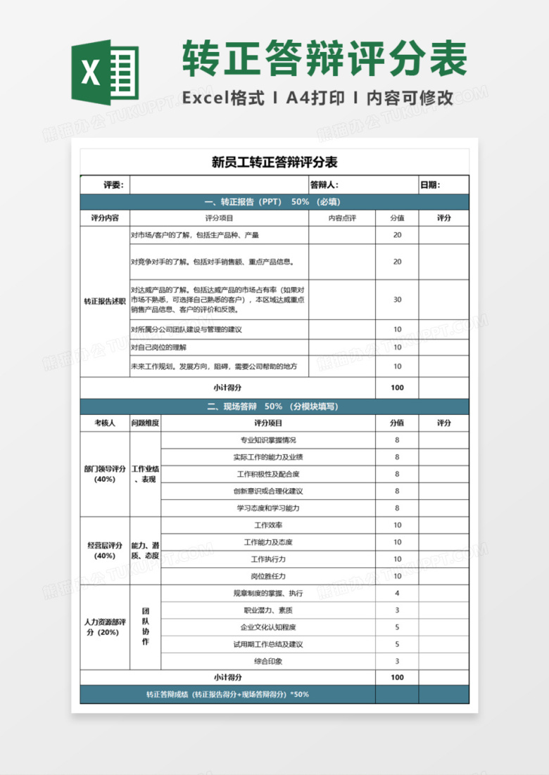 员工转正答辩评分Execl模板
