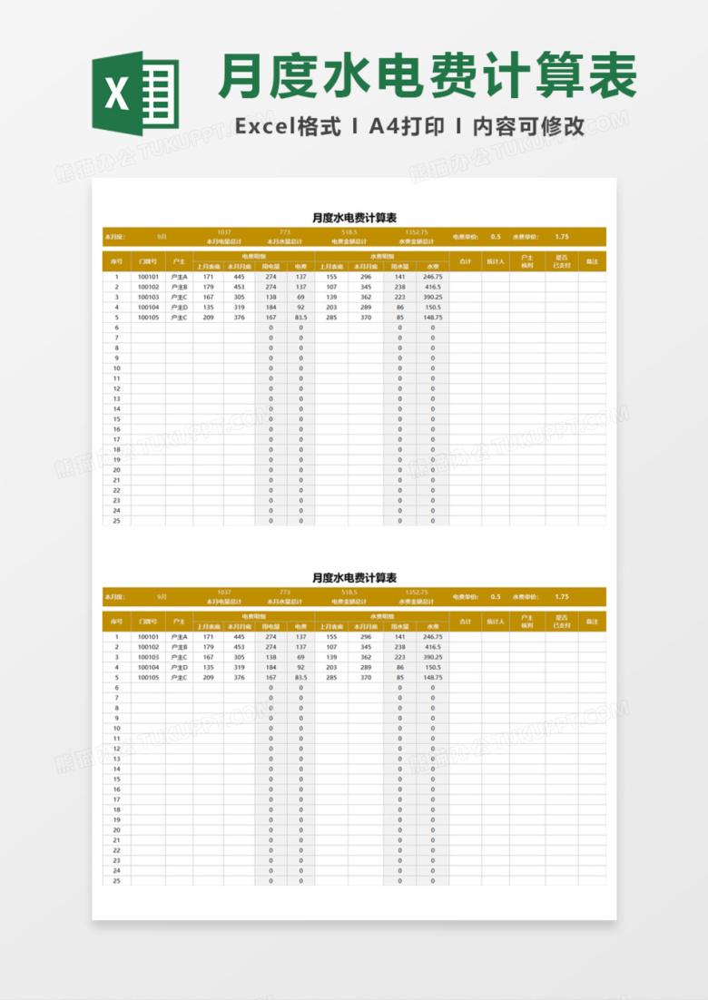 月度水电费计算表Excel模板