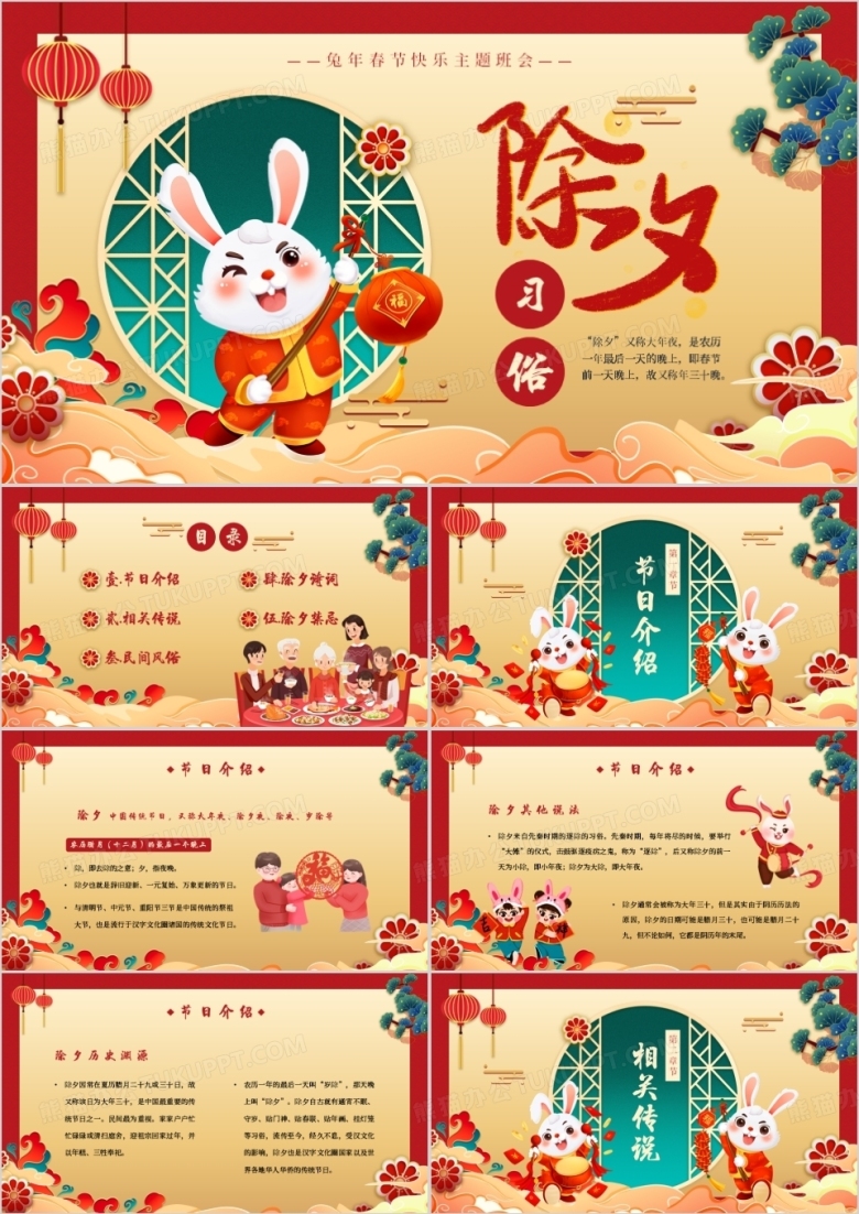 红色中国风除夕习俗介绍PPT模板