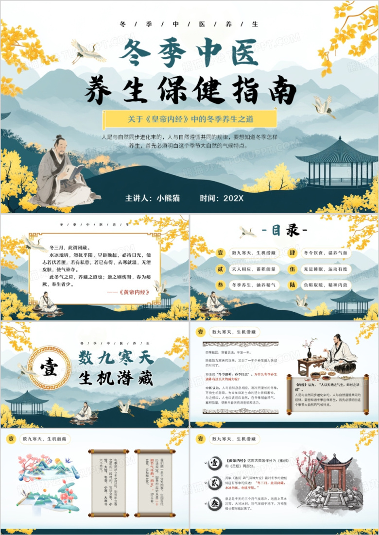 蓝色中国风冬季中医养生保健指南PPT模版
