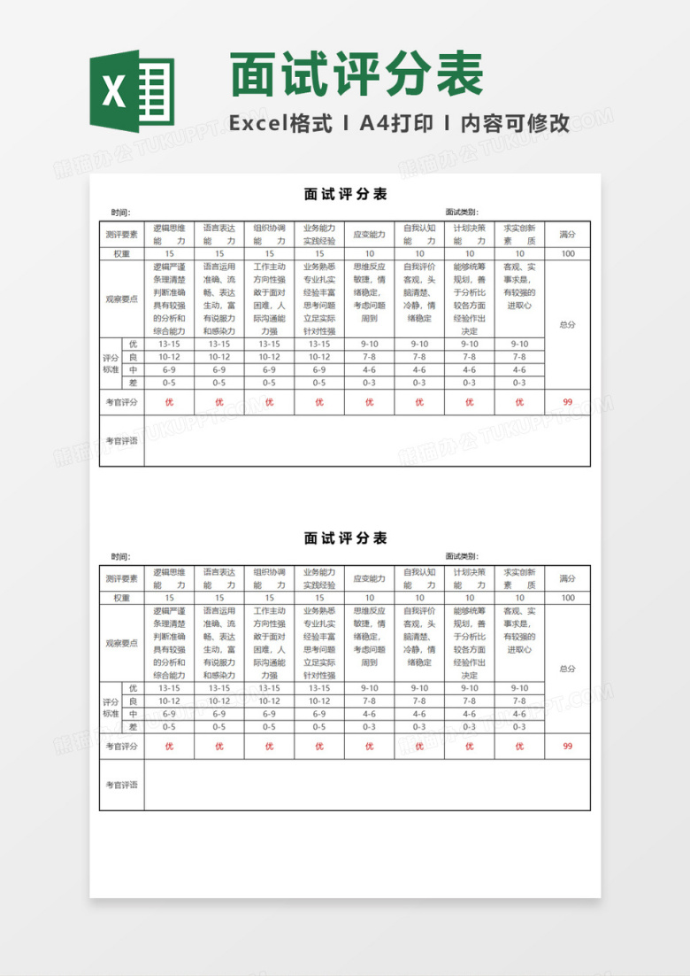 面试评分表Execl素材
