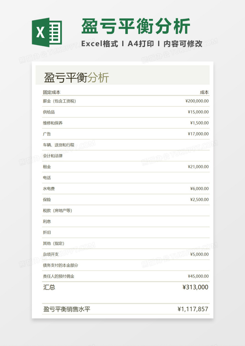 盈亏平衡分析Excel模板