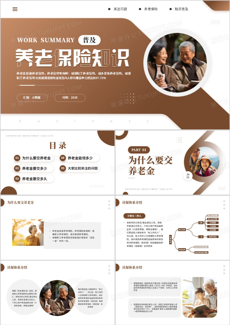 棕色简约风养老保险知识普及PPT模板