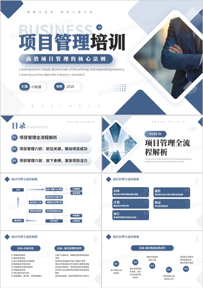 蓝灰色商务风项目管理培训PPT模板