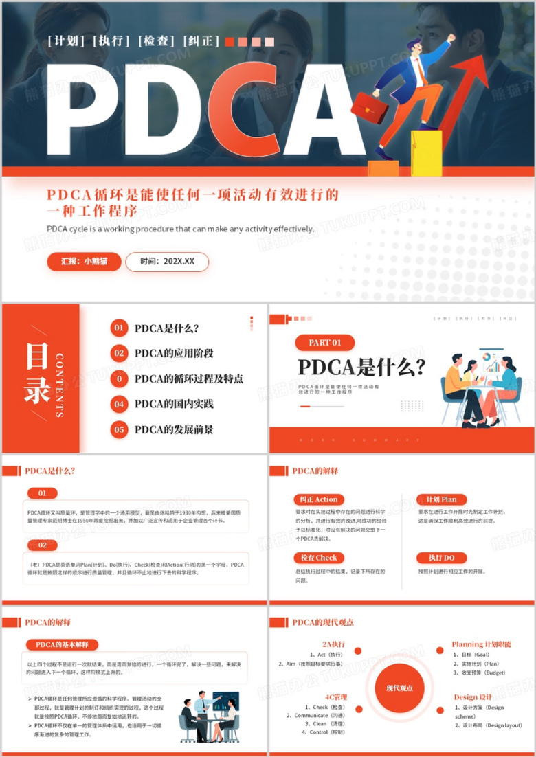 红色简约风PDCA循环工作程序介绍PPT模板