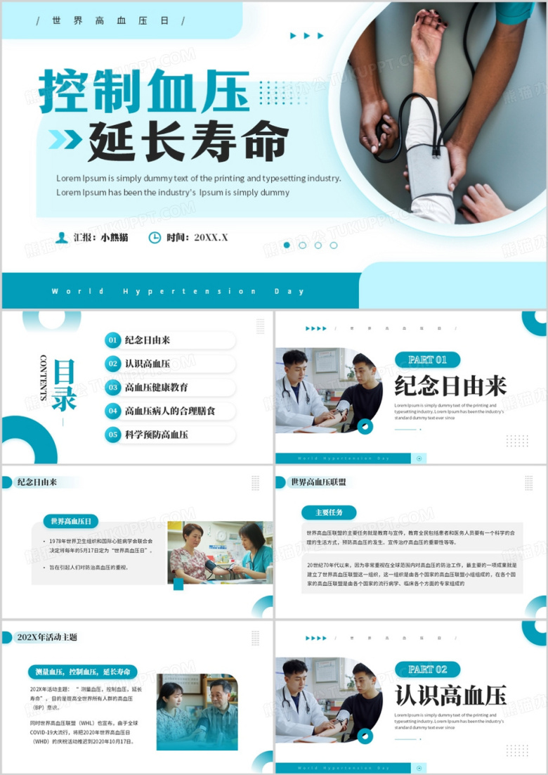 蓝色简约风世界高血压日主题科普PPT模板