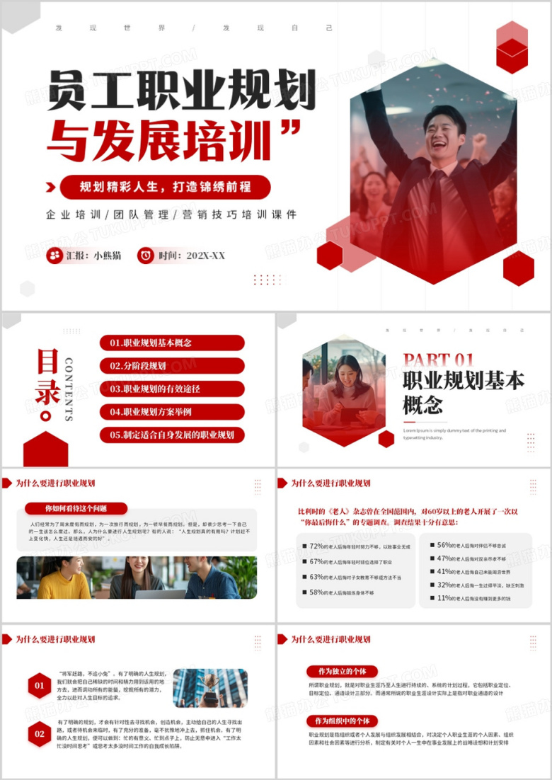 红色商务风员工职业规划与发展培训PPT模板