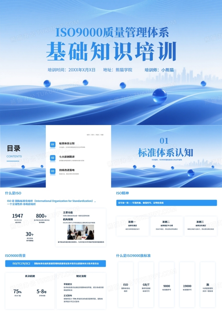 蓝色简约波浪ISO9000质量管理体系基础知识培训PPT