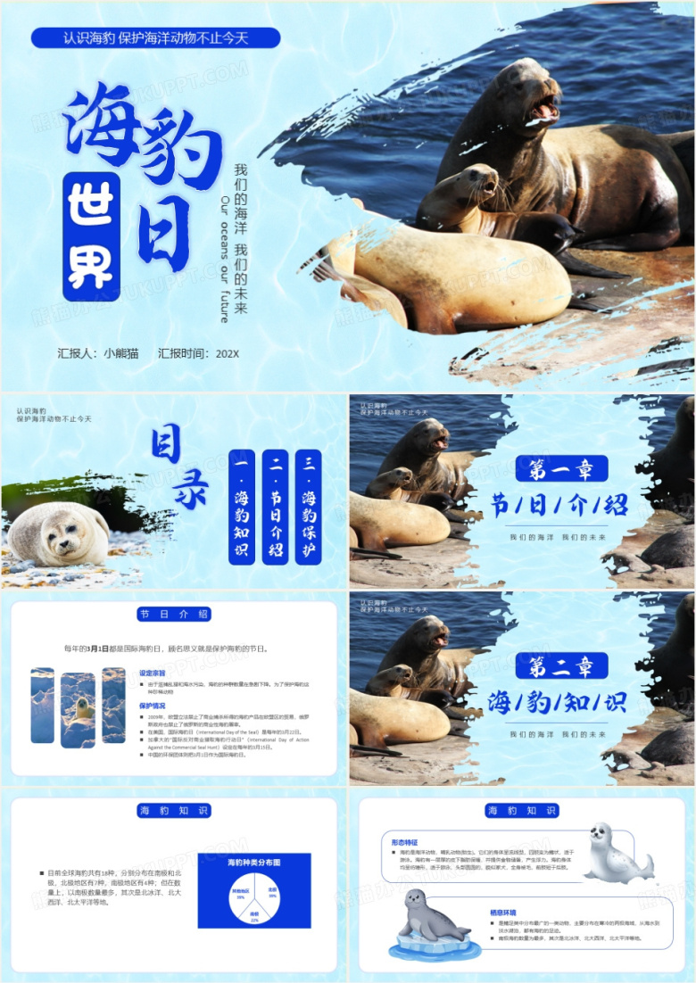 蓝色简约风国际海豹日PPT模板