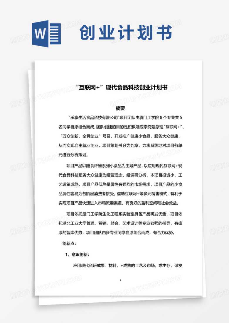 &ldquo;互联网+&rdquo;现代食品科技创业计划书word模板