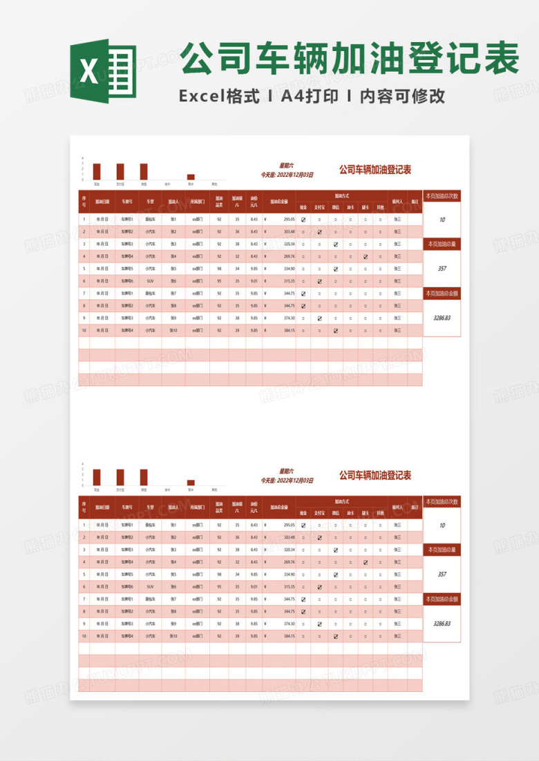 公司车辆加油登记表excel模板