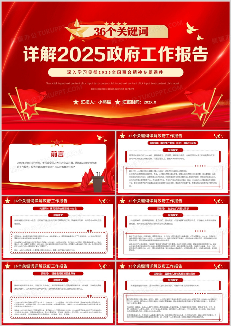 红色简约风2025政府工作报告关键词PPT模板