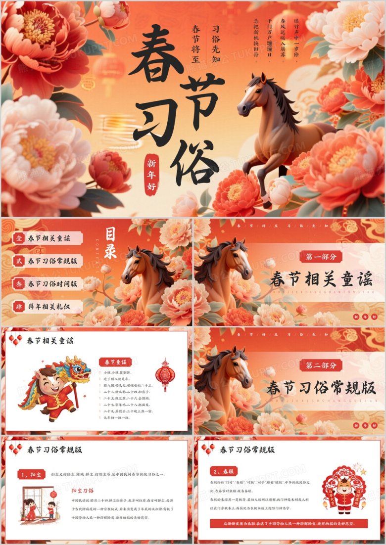 红色中国风春节习俗介绍PPT模版