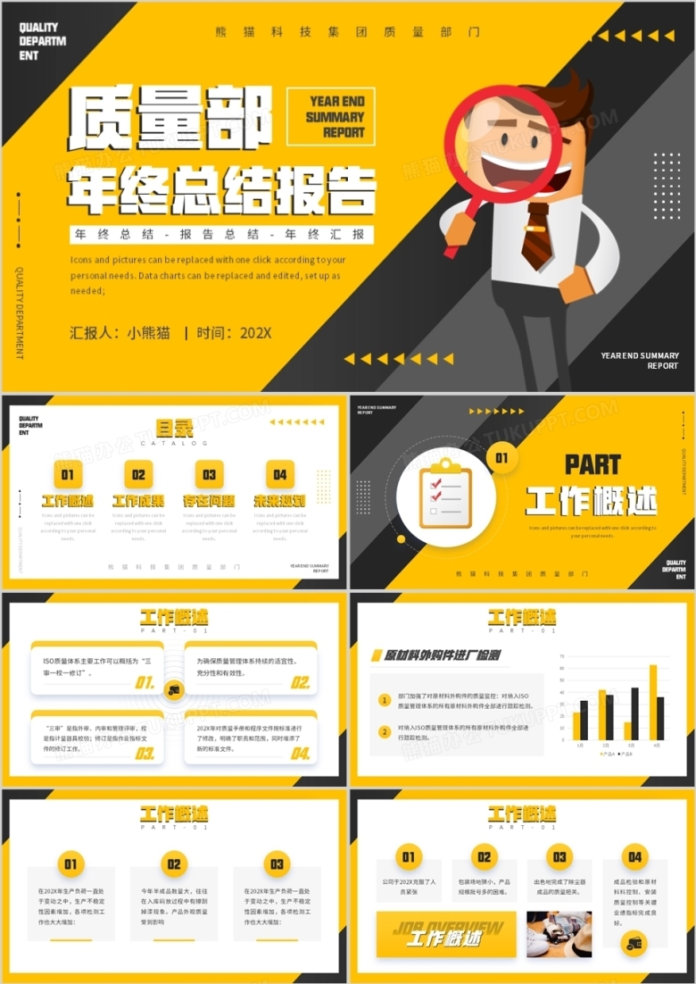 黄色简约商务风格质量部门年终总结报告PPT模板