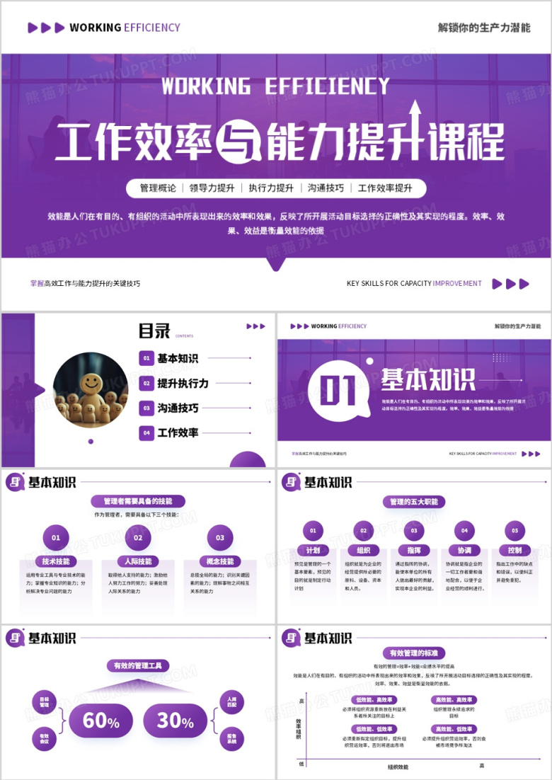 紫色简约风工作效率与能力提升PPT模板