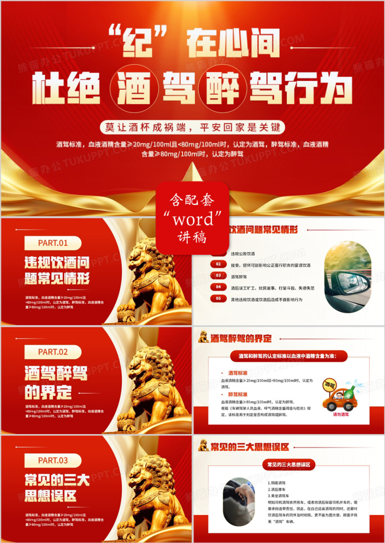 红色简约风杜绝酒驾醉驾行为PPT模板
