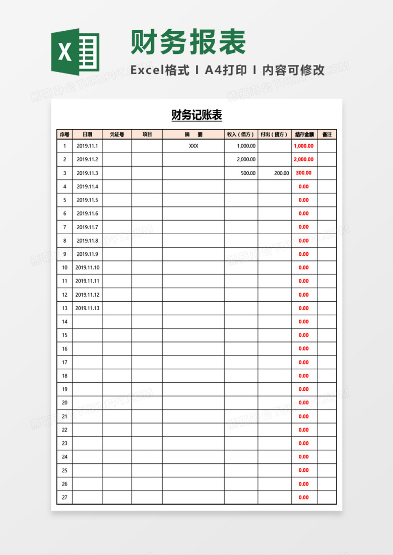 财务记账明细表Excel模板