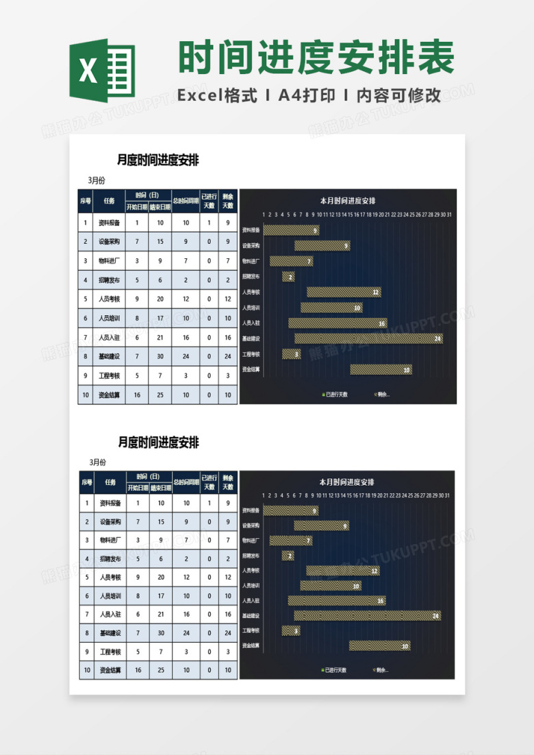 月度时间进度安排Excel模板