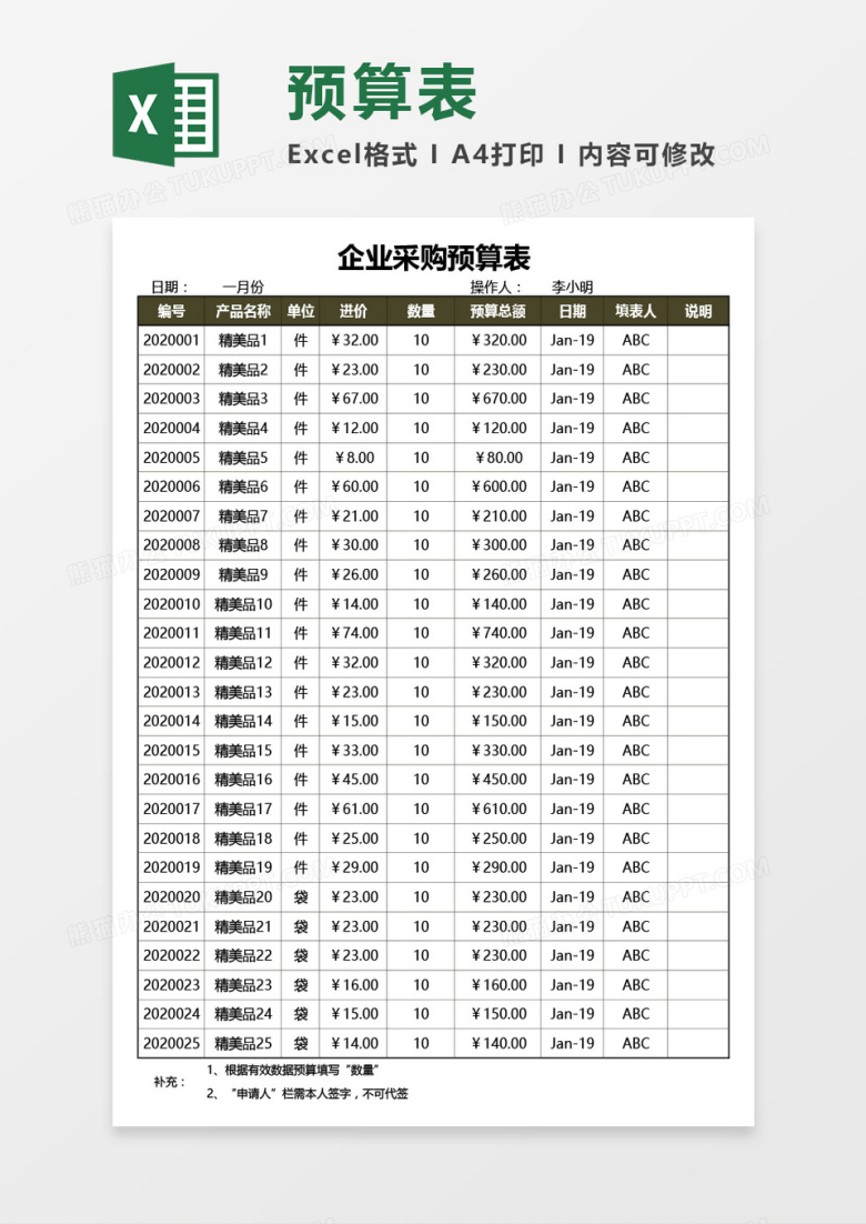 企业采购预算表Excel模板