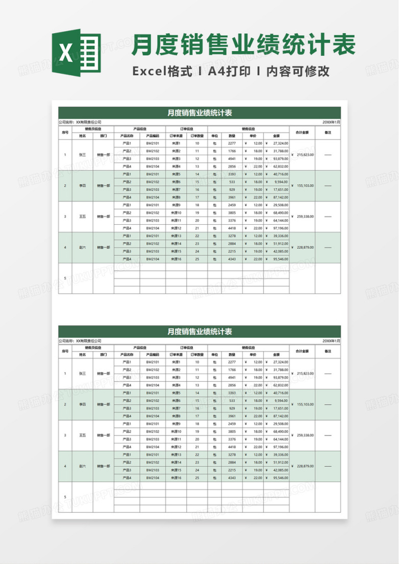 简洁月度销售业绩统计表excel模板
