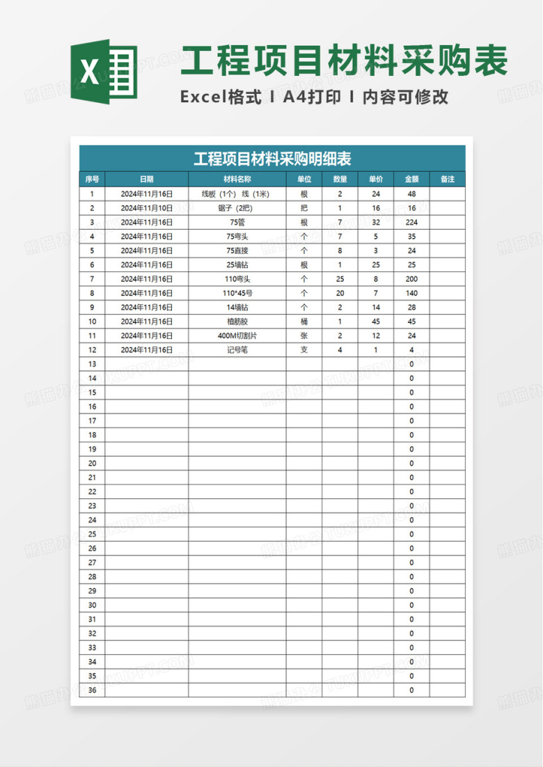 工程项目材料采购明细表excel模板