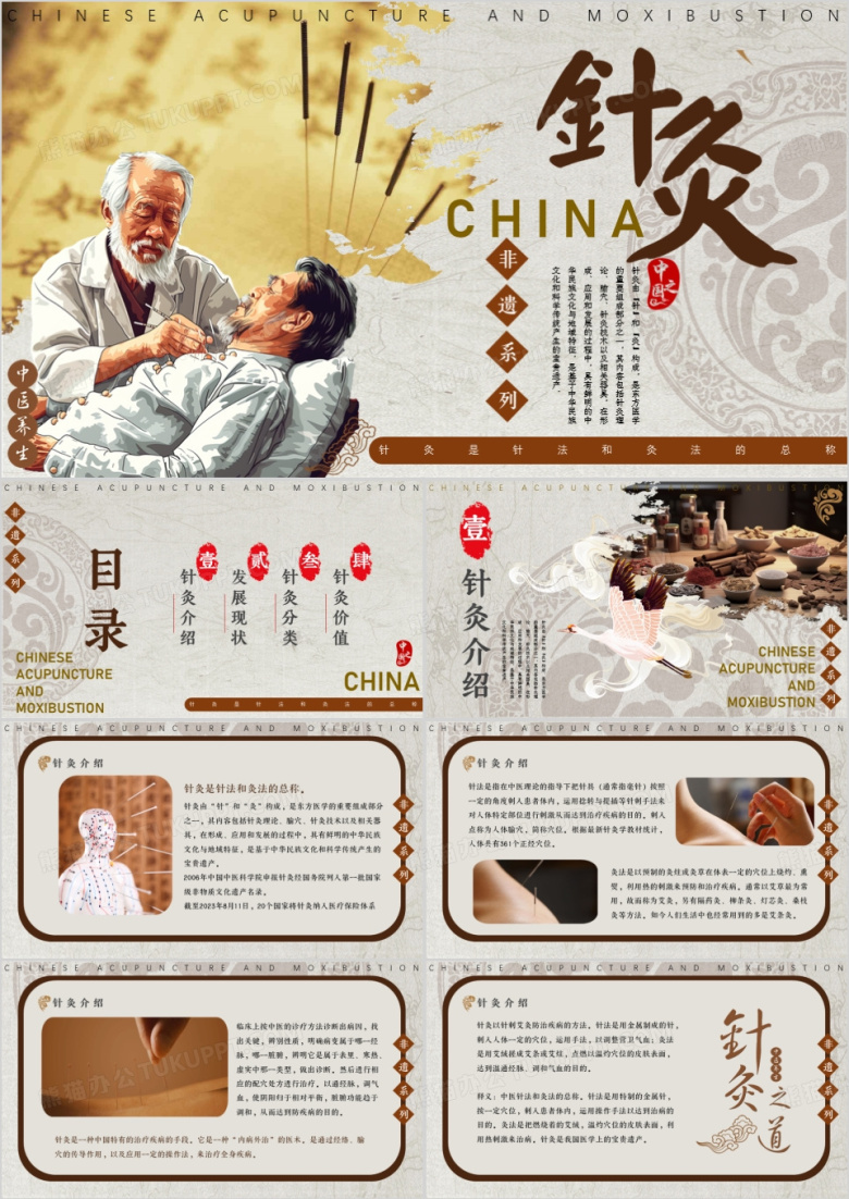 棕色中国风非遗系列之中国针灸PPT模板