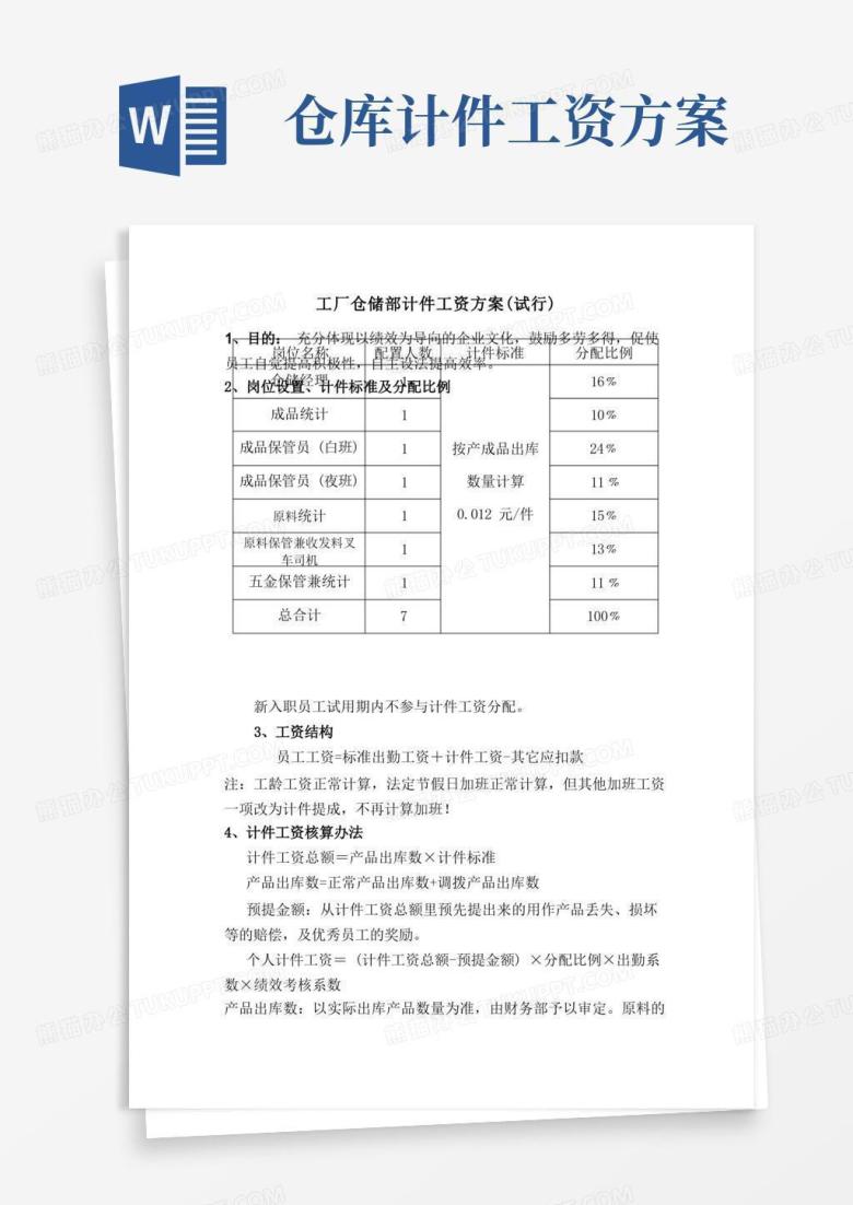 工厂仓储部计件工资方案
