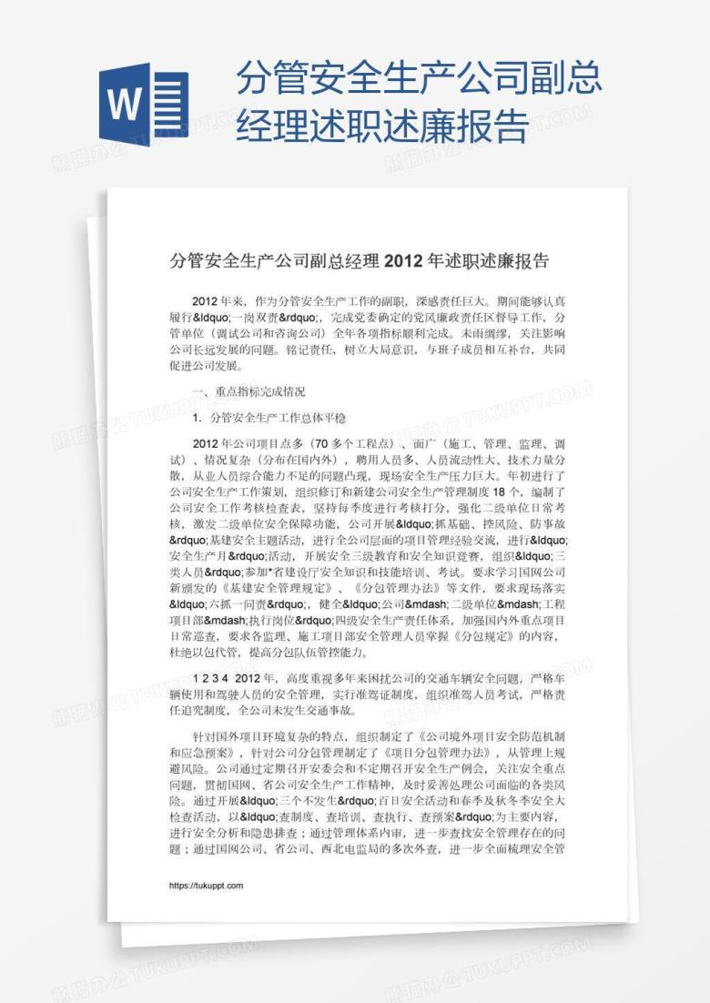 分管安全生产公司副总经理述职述廉报告