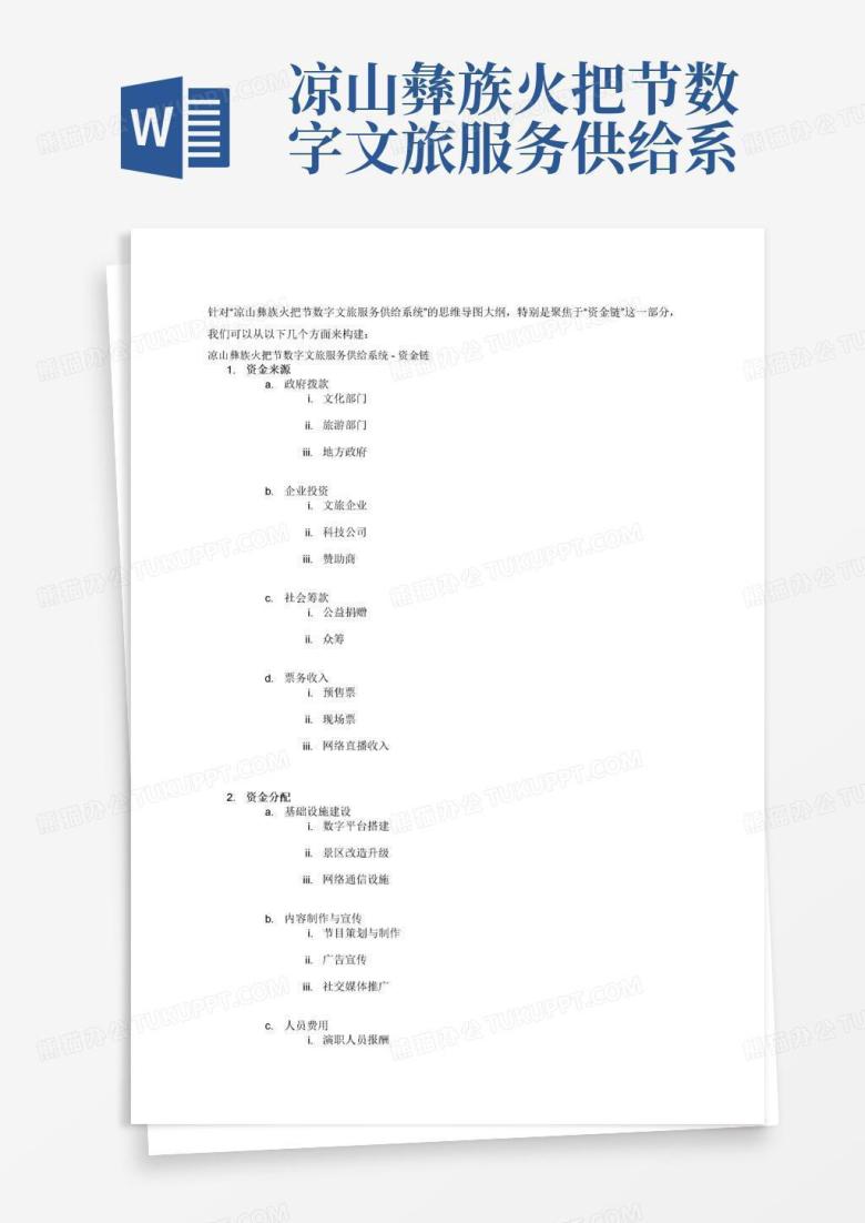 凉山彝族火把节数字文旅服务供给系统思维导图大纲资金链Word模板下载_编号opyzypgo_熊猫办公
