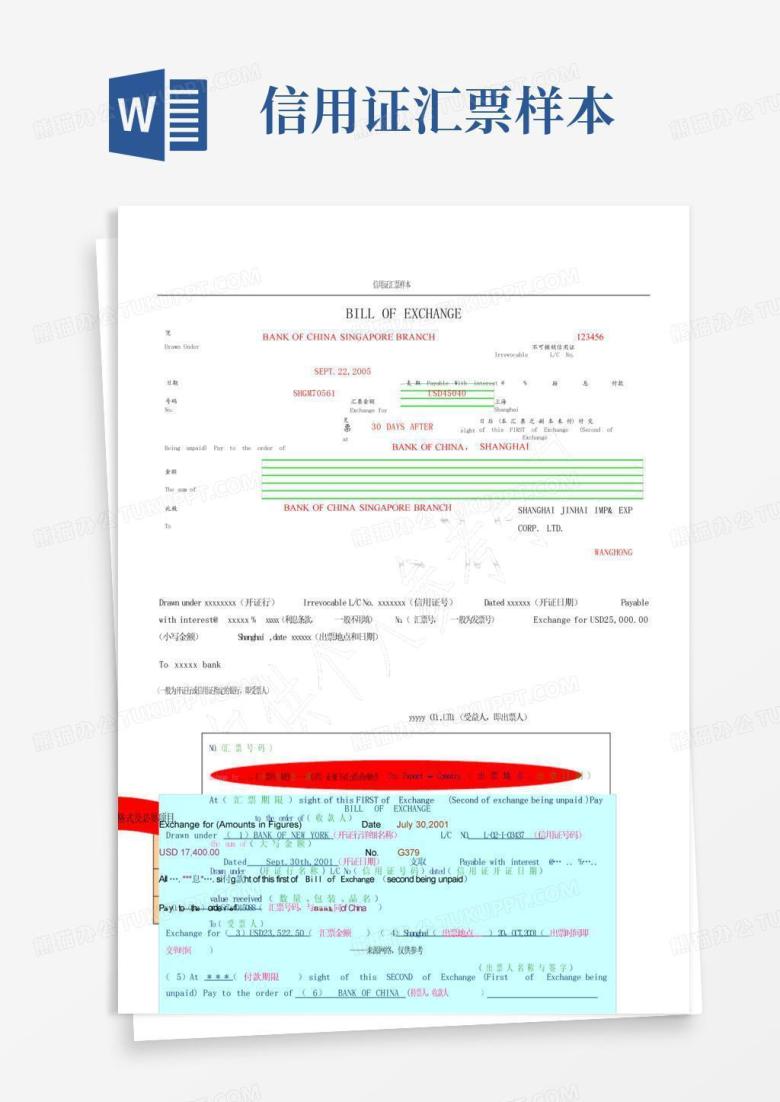 信用证汇票样本Word模板下载_编号xnkgepvg_熊猫办公