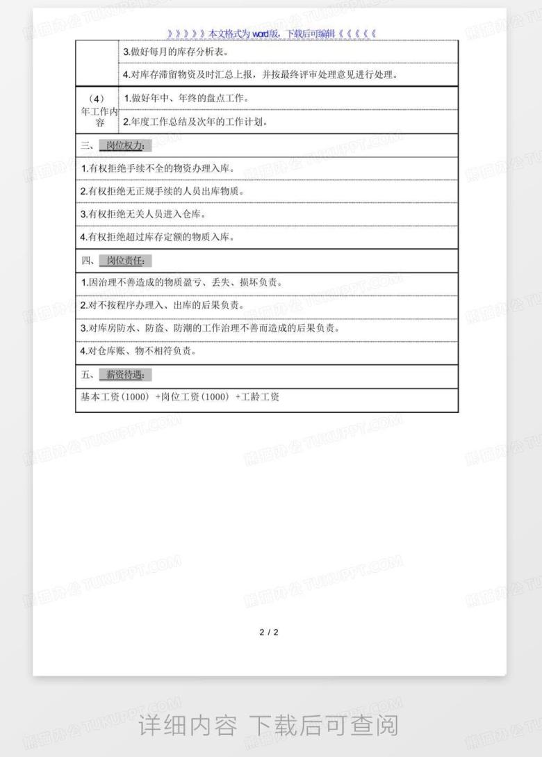 仓库主管岗位职责,仓库主管每日、每周、每月的工作内容Word模板下载_编号lkpadokp_熊猫办公