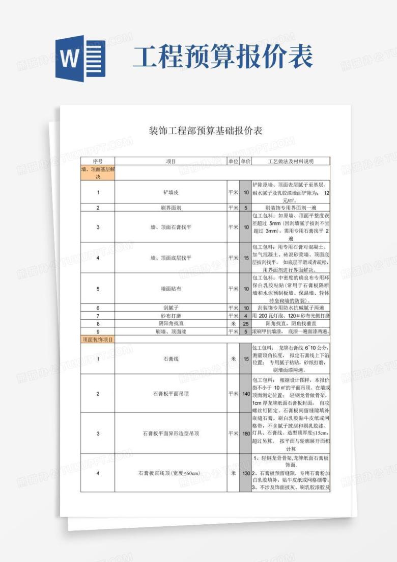 室内装饰装修工程预算基础报价表Word模板下载_编号qpbvmwwk_熊猫办公