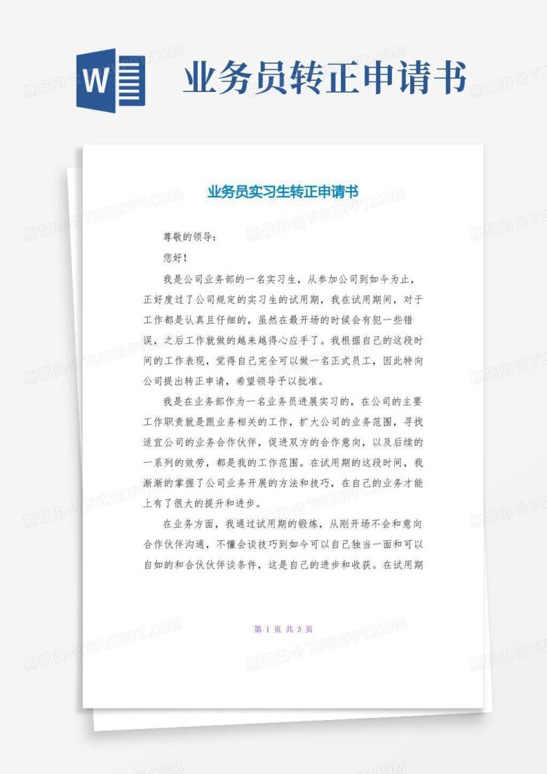 大气版业务员实习生转正申请书