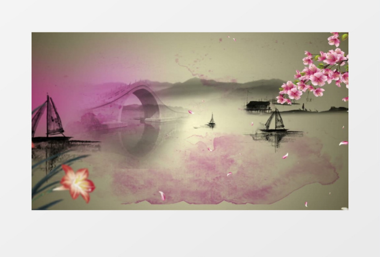 中国风小桥流水落花视频素材